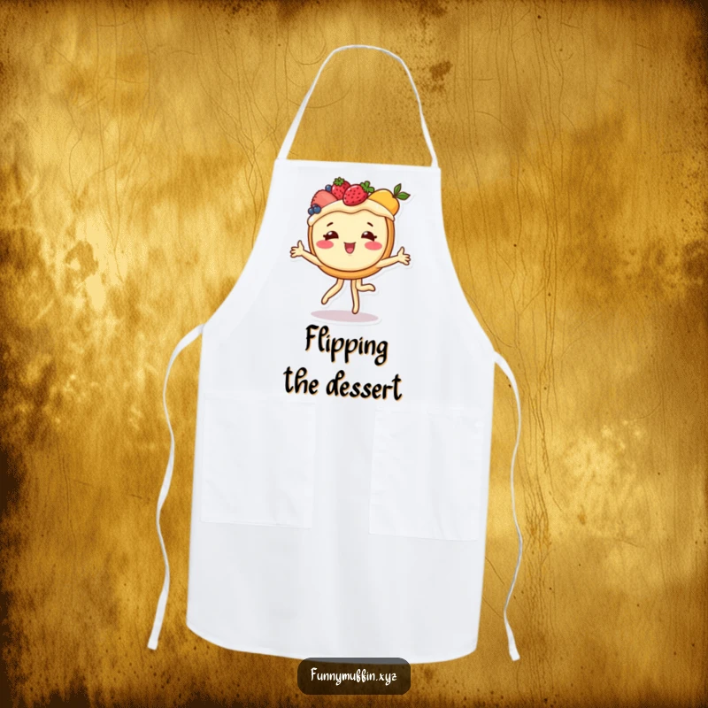 Funny apron showing a cheerful fruit tart performing a cartwheel, designed for fun baking and kitchen protection.