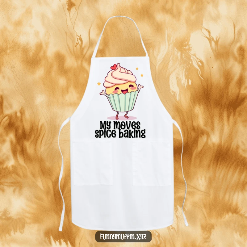 Funny apron with a joyful cupcake character dancing energetically, frosting flying, adding humor to culinary adventures.