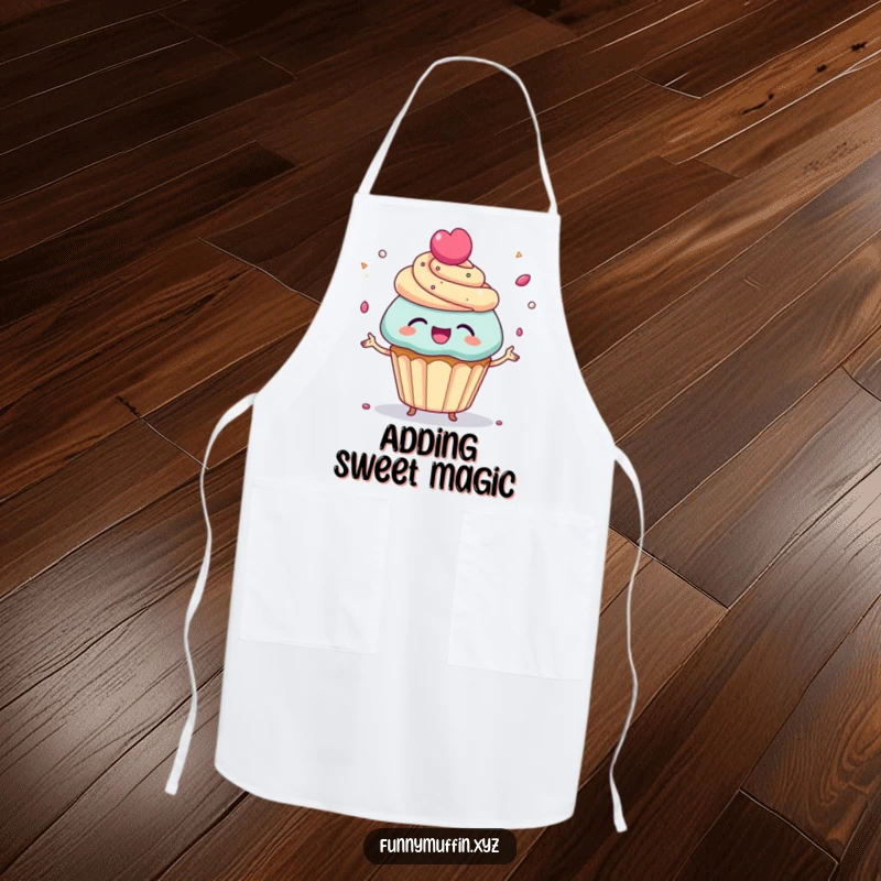 Funny Apron with a giggling cupcake character juggling tiny candy sprinkles, perfect for adding playful delight to cooking and baking.