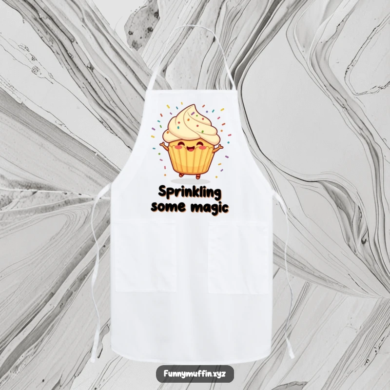 Funny apron decorated with a cheerful muffin character spinning with sprinkles flying, bringing baking fun.