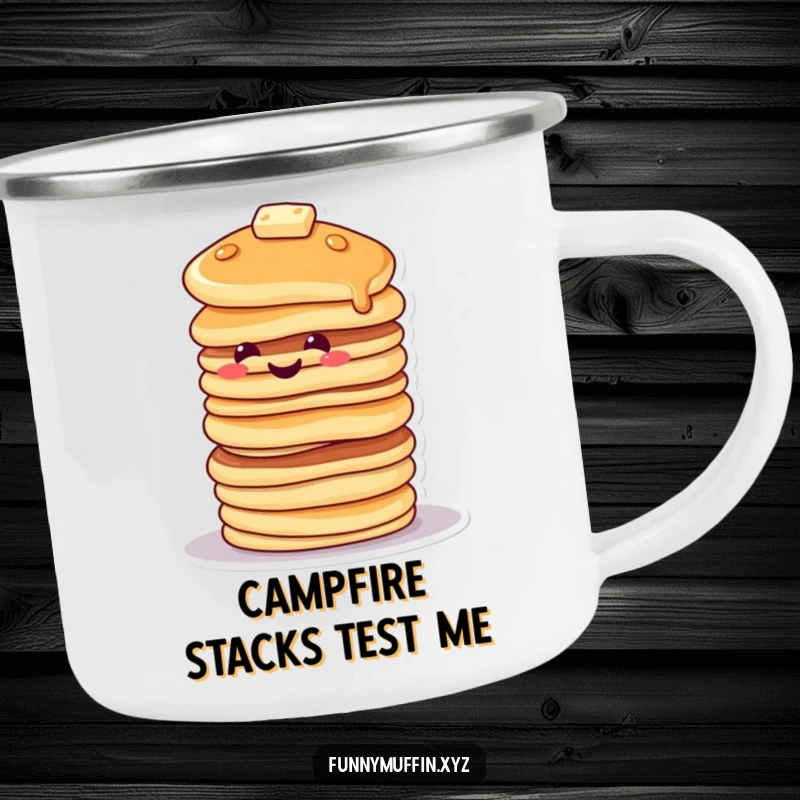 Funny camping mug with a smiling pancake character stacked high, tipping precariously, perfect for outdoor enjoyment.