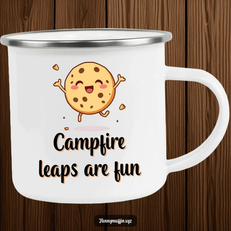 Funny camping mug with a delighted cookie character leaping with joy, crumbs mid-air, perfect for outdoor enjoyment.