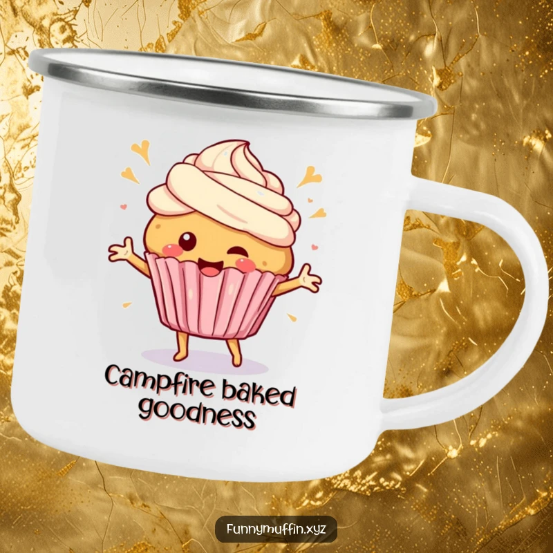 Funny Camping Mug with a happy muffin character dancing with frosting swirls, perfect for enjoying drinks on cheerful outdoor adventures.