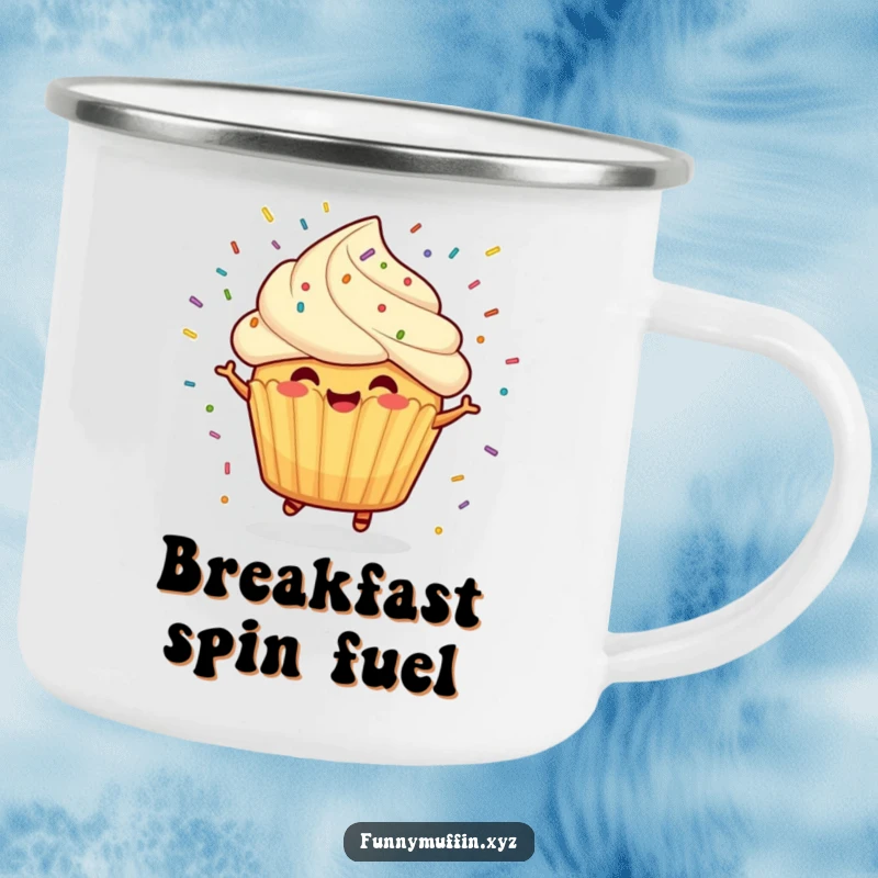 Funny camping mug featuring a cheerful muffin character spinning with sprinkles flying, ideal for sweet adventures.