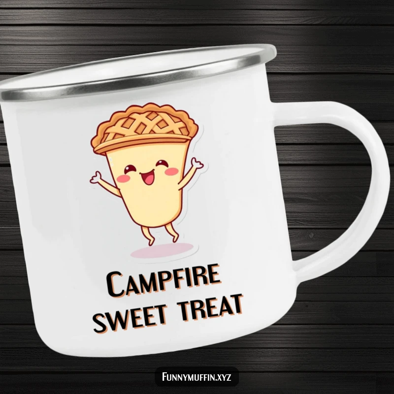 Funny camping mug showing a cheerful pie character with a lattice crust doing a lively shimmy, perfect for the outdoors.