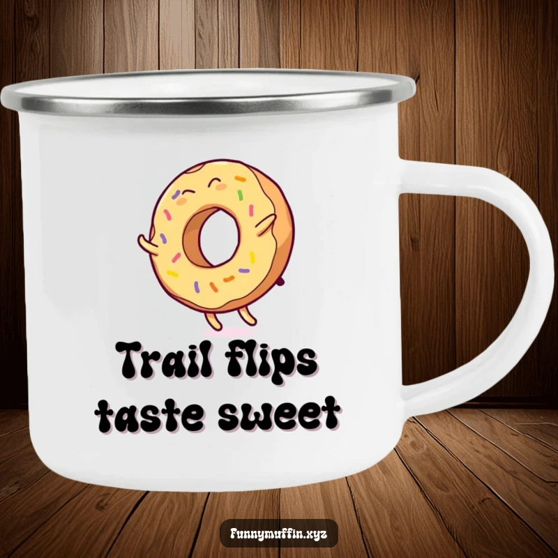 Funny camping mug with a giggling donut character doing a cartwheel, icing mid-air, perfect for outdoor enjoyment.