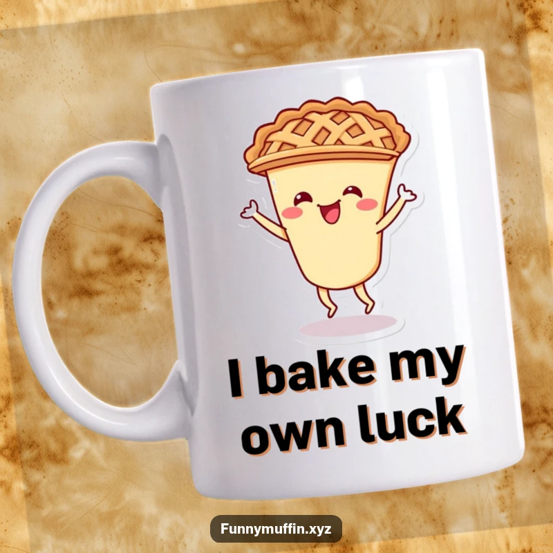 Funny mug featuring a cheerful pie character with a lattice crust doing a playful shimmy, exuding pure dessert delight and happiness.