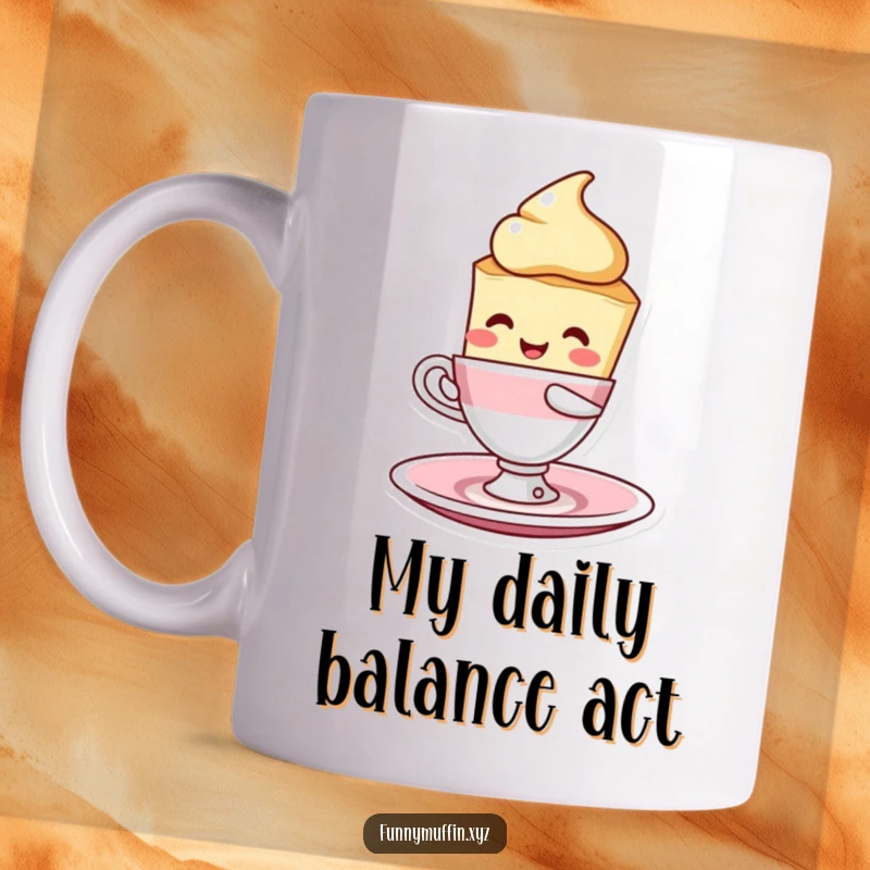 Funny scone character mug in a cheerful pose, expertly balancing a teacup and saucer, ready to serve smiles.