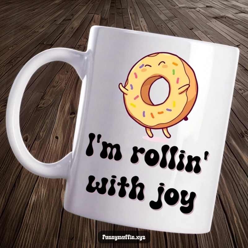 Funny mug with a giggling donut character performing a cartwheel, colorful icing flying, radiating pure, sweet fun.