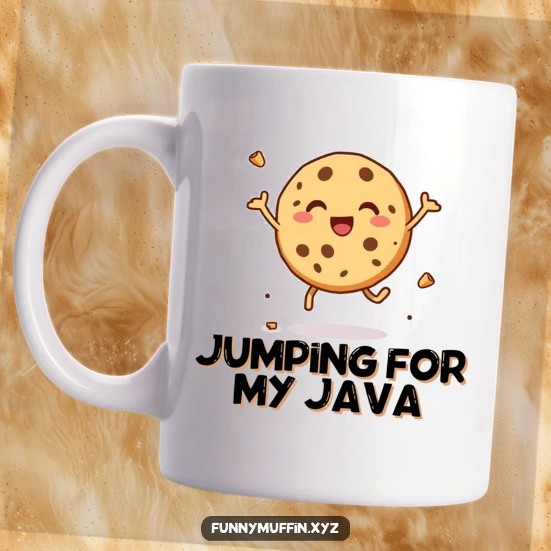 Funny mug with a delighted cookie character leaping with joy, scattering crumbs, radiating pure, crumbly happiness.
