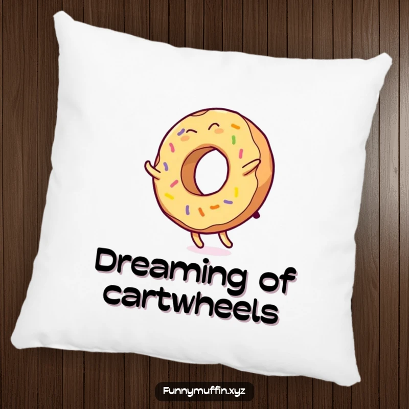 Funny pillow with a giggling donut character performing a cartwheel, icing splattered, bringing comfort and humor.