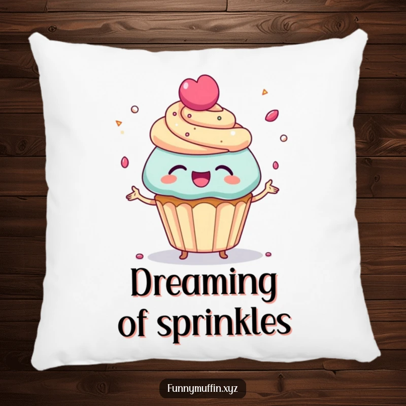 Funny Pillow featuring a giggling cupcake character juggling candy sprinkles, offering cozy comfort and a delightful, playful design.
