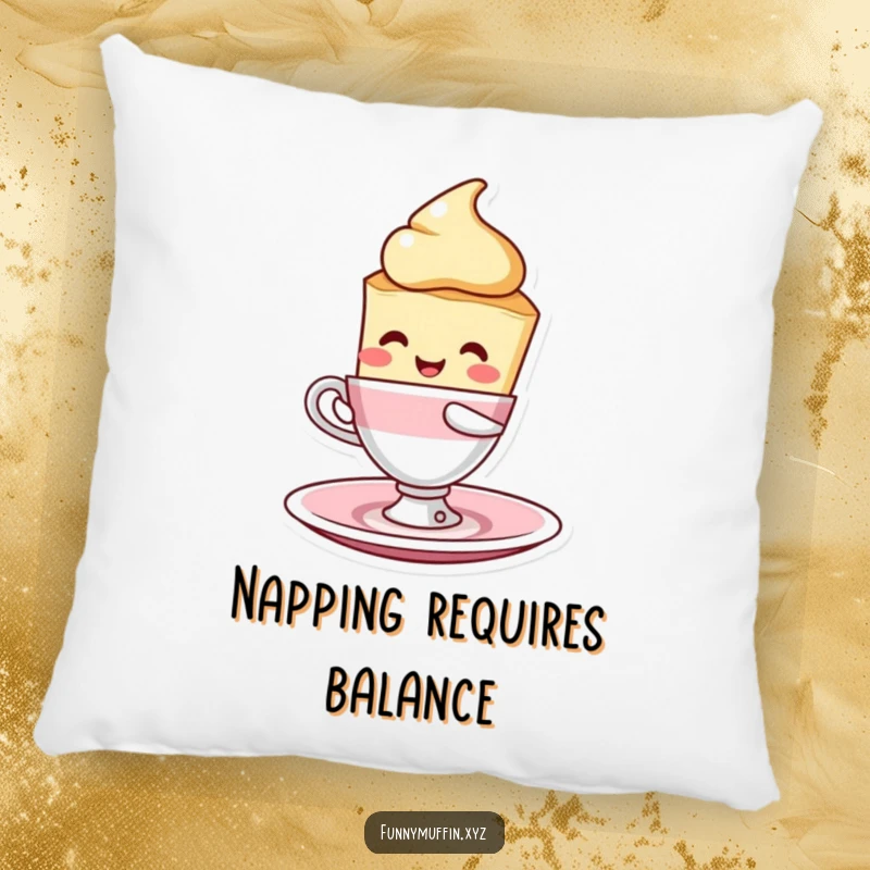 Funny scone character pillow, humorously balancing a teacup and saucer, providing sweet, soft comfort and a touch of humor.