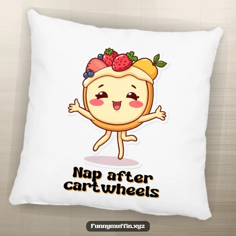 Funny pillow depicting a cheerful fruit tart in mid-cartwheel, adding comfort and a delightful, fun vibe to any space.