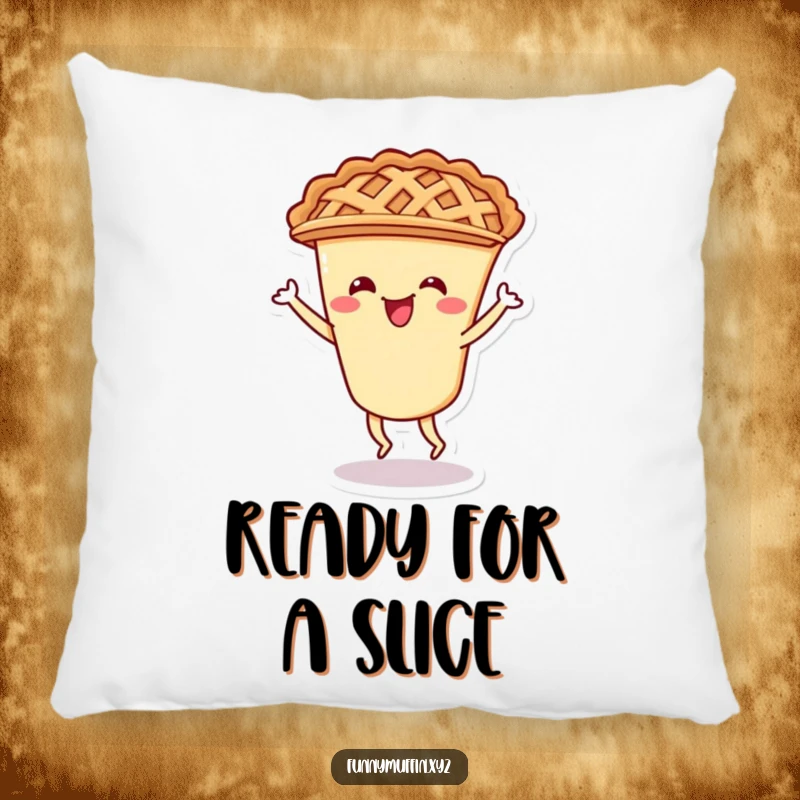 Funny pillow featuring a happy pie character with a lattice crust doing a festive shimmy, perfect for adding cheer.