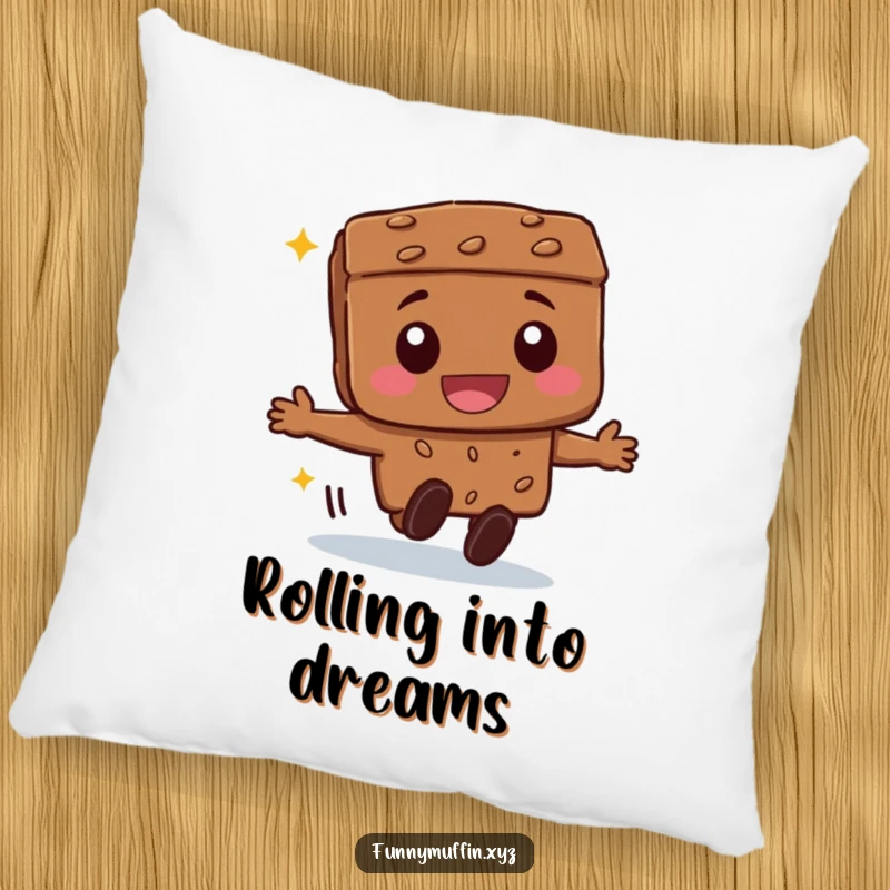 Funny beaming brownie character pillow, gleefully rolling forward, offering sweet comfort and a touch of delicious humor.