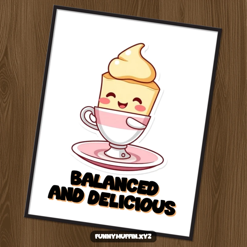 Funny scone character digital art print, humorously balancing a cup and saucer, a delightful piece for instant smile-inducing decor.