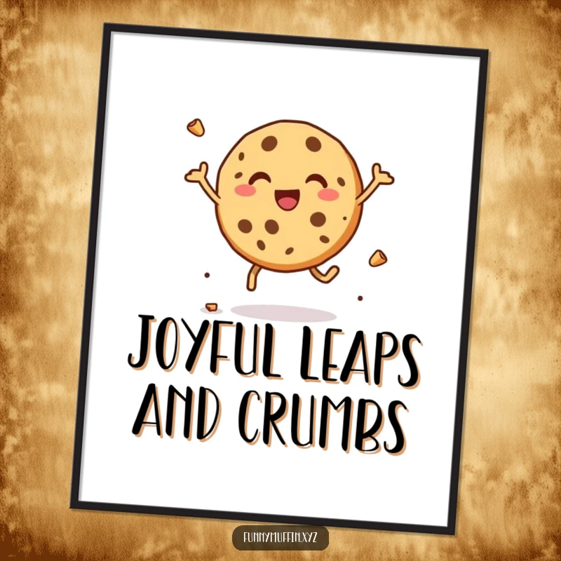 Funny digital art print of a delighted cookie character leaping with joy, crumbs flying, bringing vibrant humor to any setting.