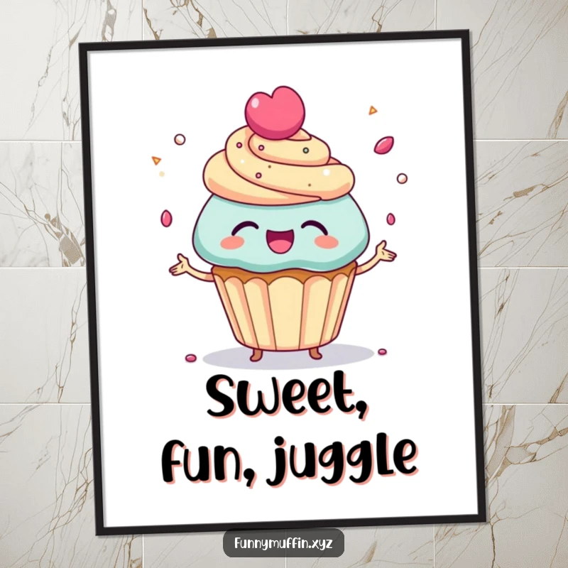 Funny Digital Art Print of a giggling cupcake character juggling tiny candy sprinkles, creating a delightful and playful piece of art.