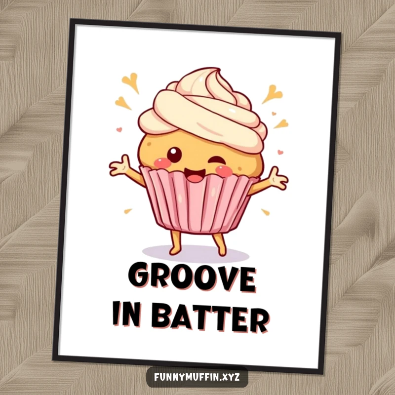 Funny Digital Art Print of a happy muffin character dancing with frosting swirls, bringing cheerful and celebratory vibes to any space.