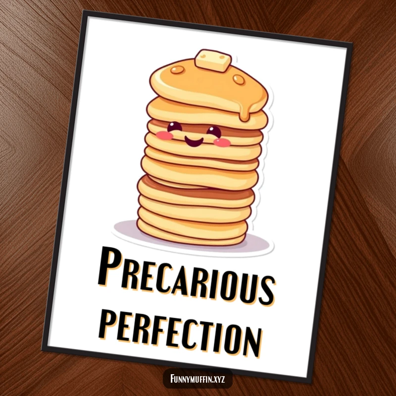 Funny digital art print of a smiling pancake character stacked high, tipping precariously, bringing charming humor to any setting.