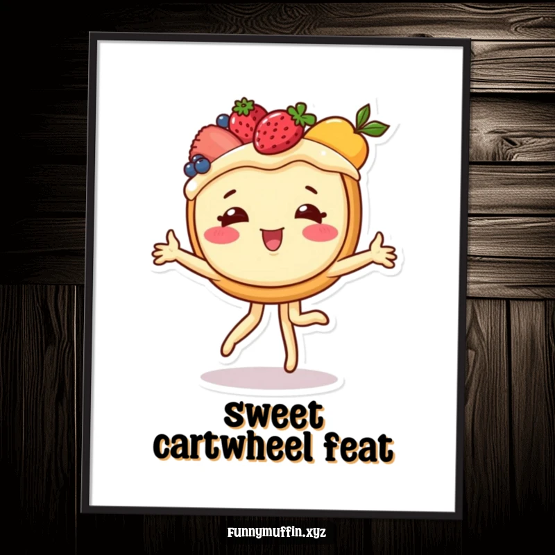Funny digital art print of a cheerful fruit tart performing a cartwheel, perfect for adding instant sweet charm.