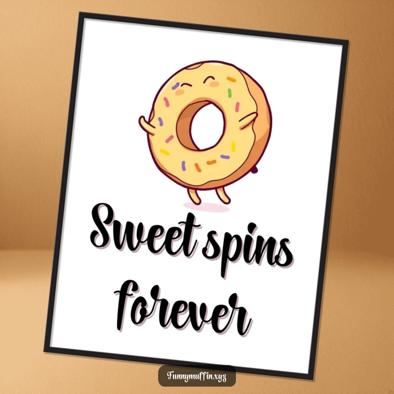 Funny digital art print of a giggling donut character doing a cartwheel, icing flying, bringing vibrant humor to any setting.