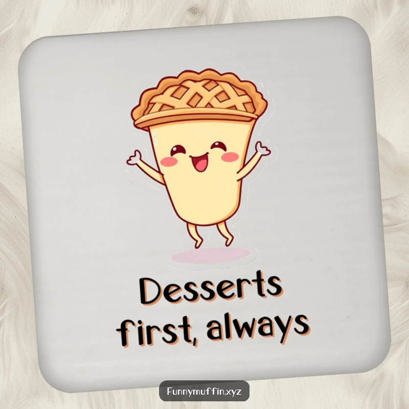 Funny drink coaster featuring a cheerful pie character with a lattice crust doing a playful shimmy.