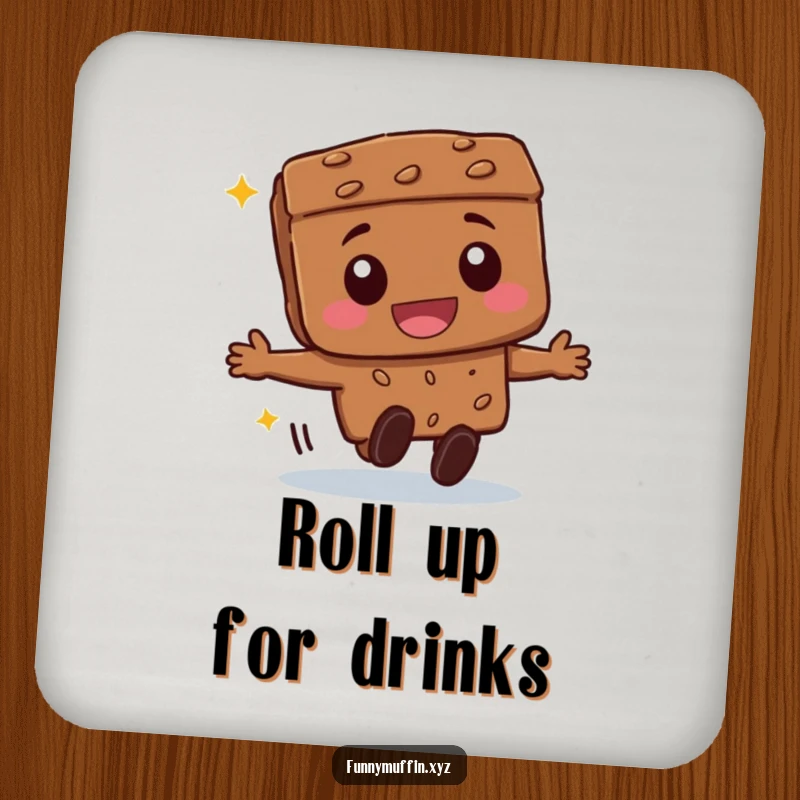 Funny beaming brownie character drink coaster, gleefully rolling forward, providing surface protection with a sweet and humorous touch.