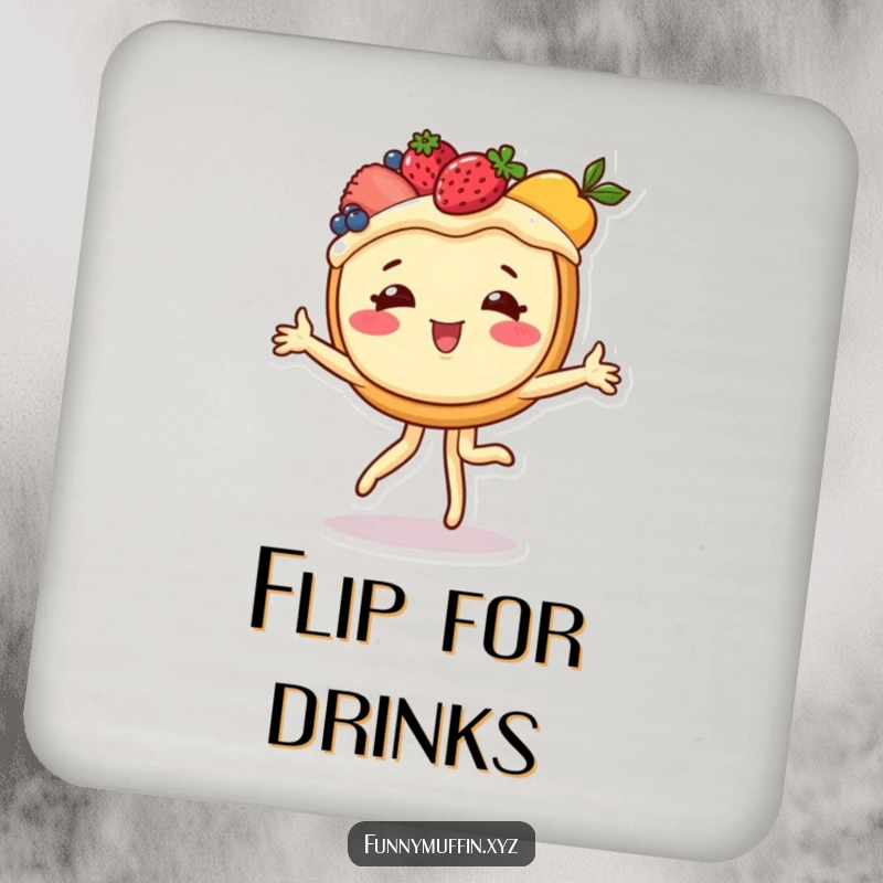 Funny drink coasters showing a cheerful fruit tart doing a cartwheel, protecting surfaces with sweet, playful charm.