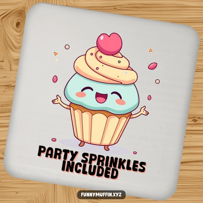 Funny Coasters featuring a giggling cupcake character juggling tiny candy sprinkles, offering sweet surface protection with a playful design.