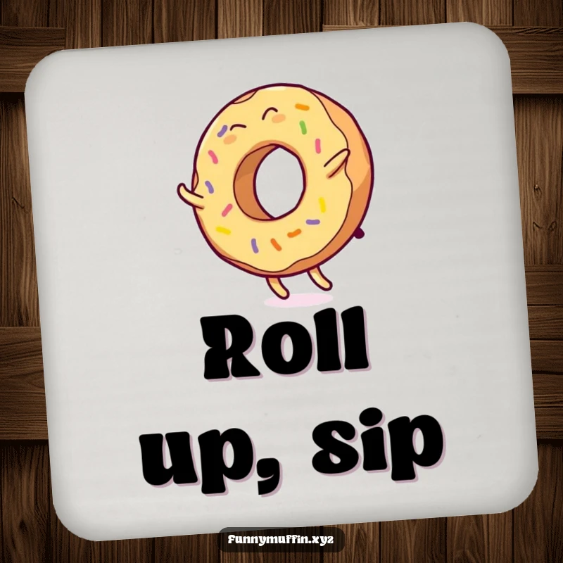Funny drink coasters with a giggling donut character doing a cartwheel, icing flying, protecting surfaces with humor.