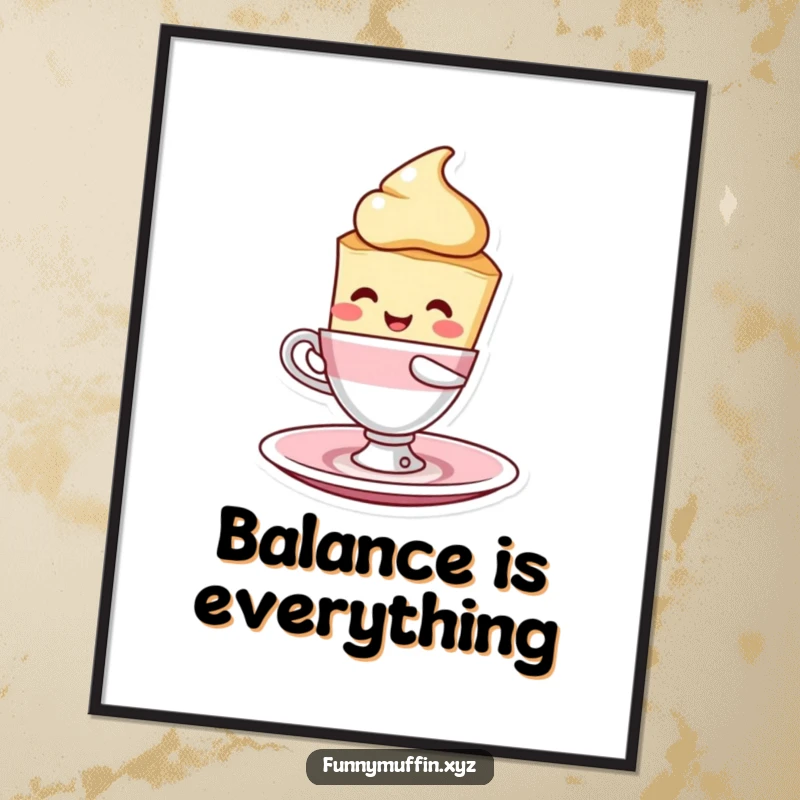 Funny scone character poster, joyfully balancing a cup and saucer, adding a whimsical and sweet touch to wall decor.