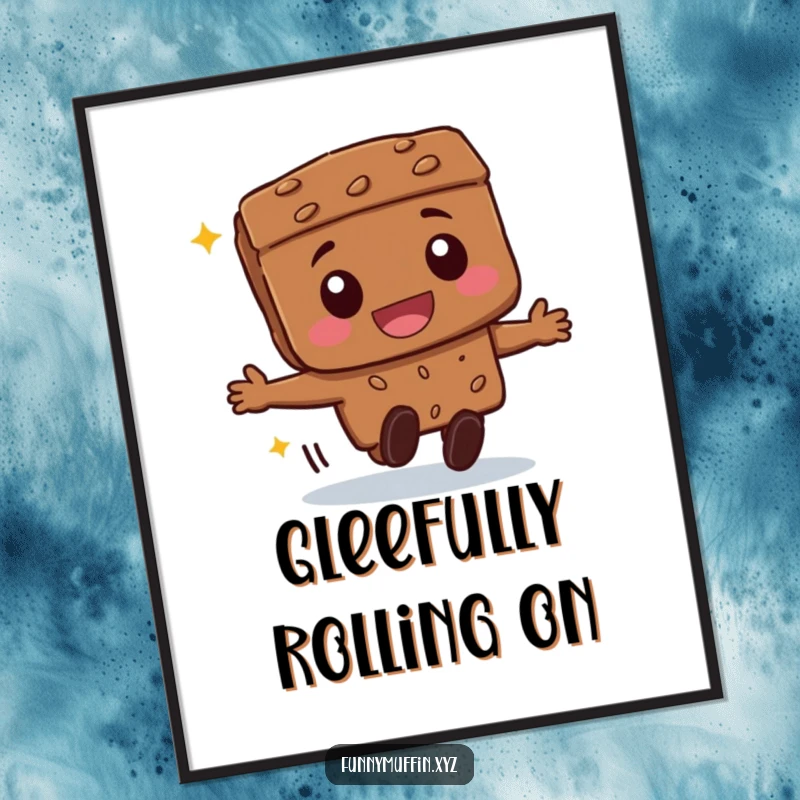 Funny beaming brownie character poster, joyfully rolling forward, bringing a sweet and humorous vibe to wall decor.