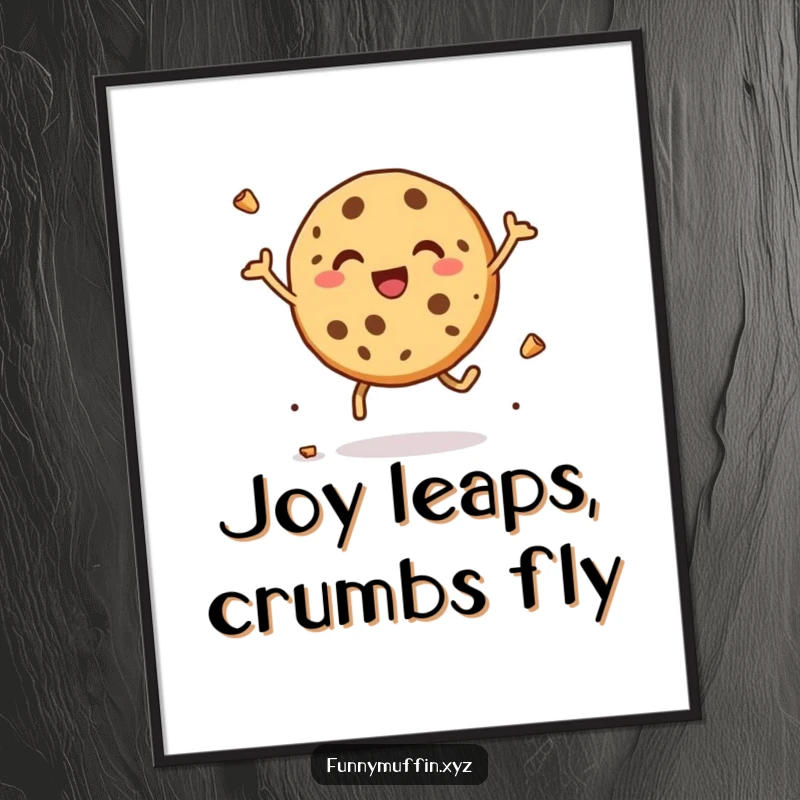Funny poster of a delighted cookie character leaping with joy, crumbs scattering, a dynamic and humorous piece of wall art.