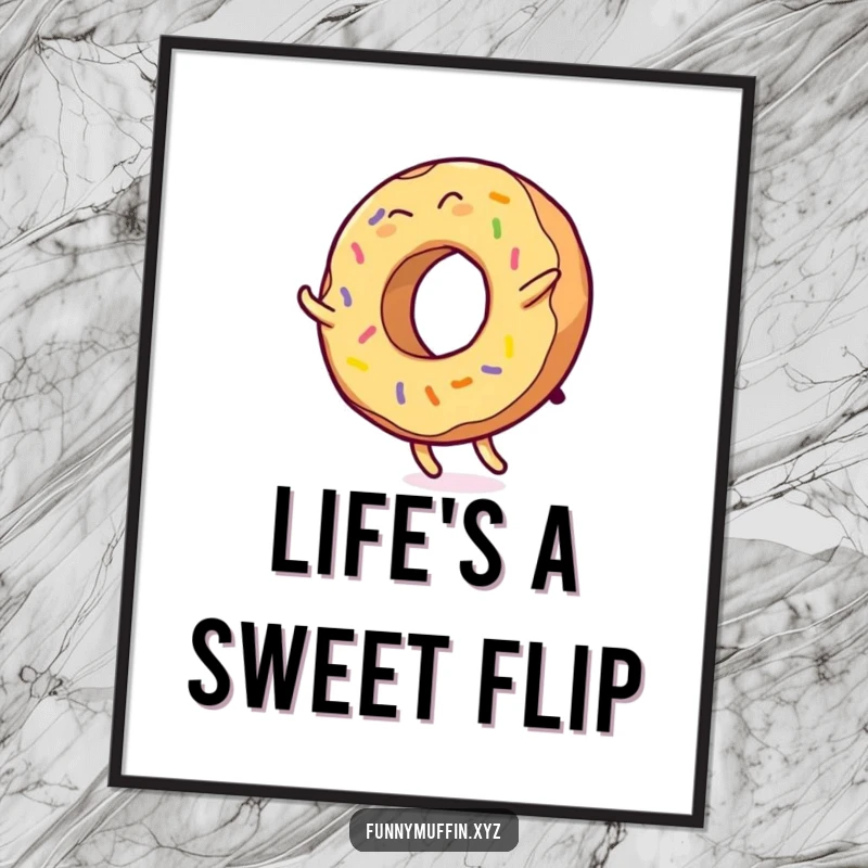Funny poster of a giggling donut character doing a cartwheel, icing flying, a dynamic and humorous piece of wall art.