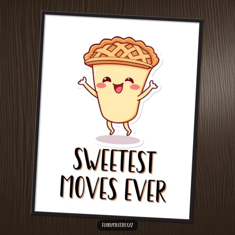 Funny poster print of a cheerful pie character with a lattice crust, captured mid-shimmy, bringing dessert-themed fun.