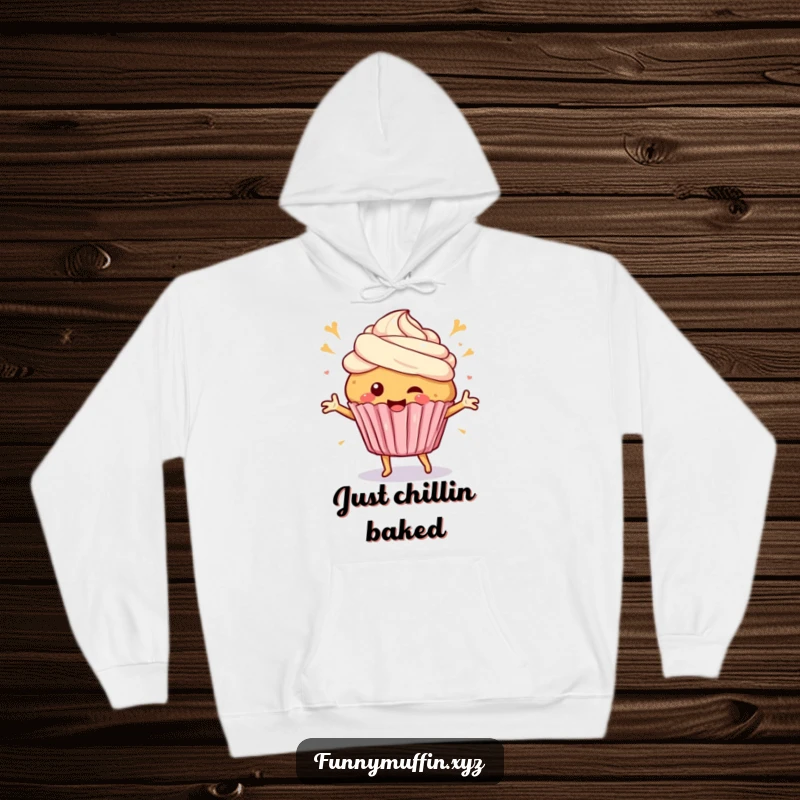 Funny Hoodie featuring a happy muffin character doing a celebratory dance with frosting swirls, offering cozy cheer and humor.