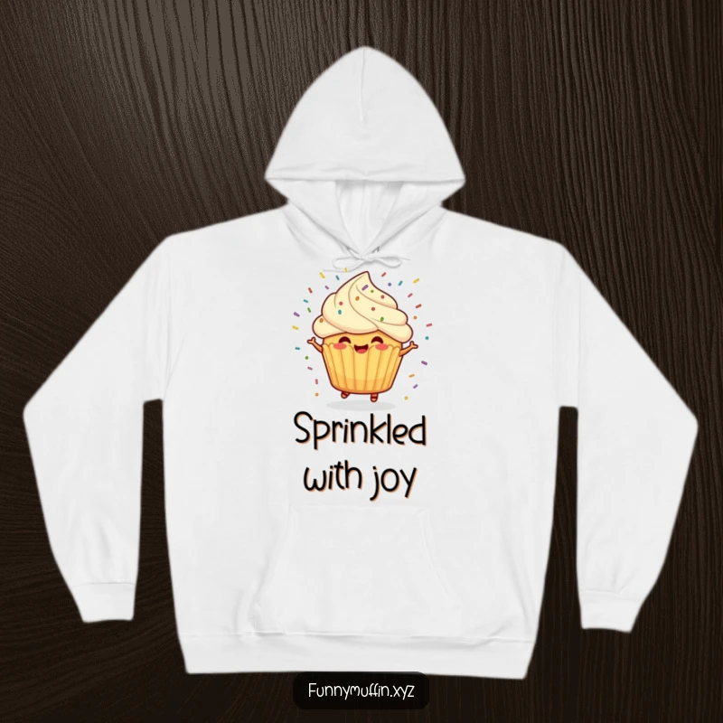 Funny hoodie showing a cheerful muffin character spinning with a joyful expression and sprinkles flying outwards.