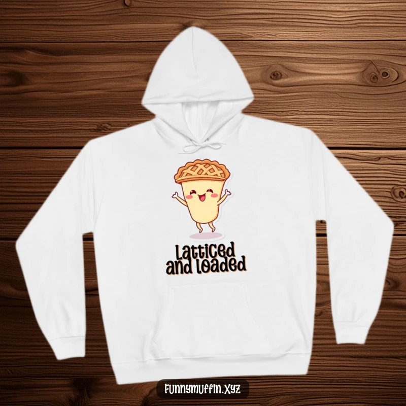 Funny hoodie showcasing a happy pie character with a lattice crust doing a fun shimmy, perfect for cozy, humorous wear.