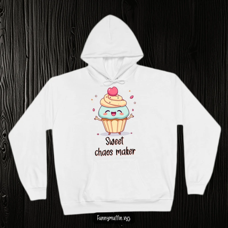 Funny Hoodie featuring a giggling cupcake character juggling candy sprinkles, offering cozy comfort and a splash of playful delight.