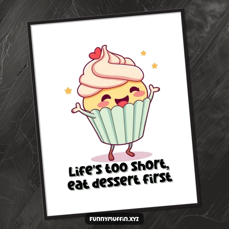 Funny Free Printable Wall Art: A happy cupcake character with frosting flying off, captured mid-dance with pure joy.