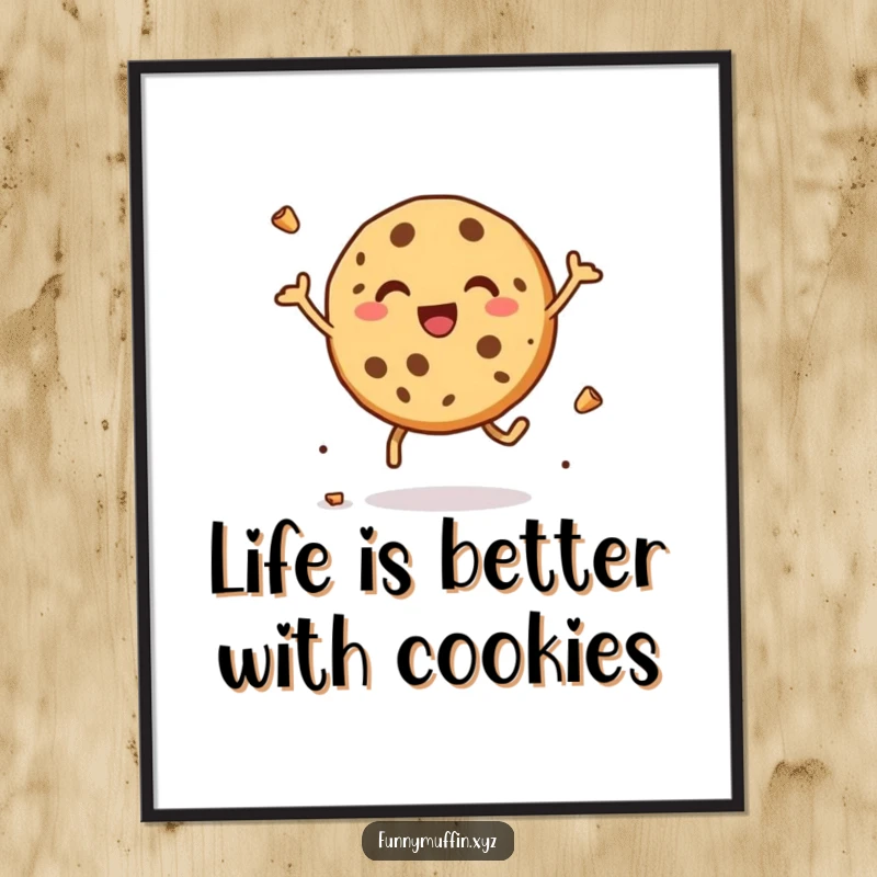 Funny Free Printable Wall Art: A delighted cookie character leaping with joy, scattering crumbs in a playful pose.