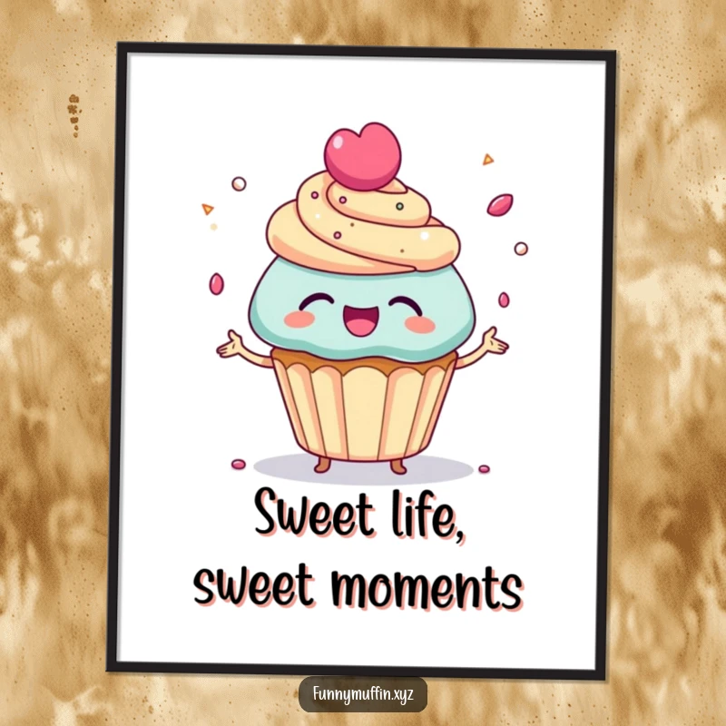 Funny Free Printable Wall Art: A giggling cupcake character expertly juggles colorful candy sprinkles with infectious delight.