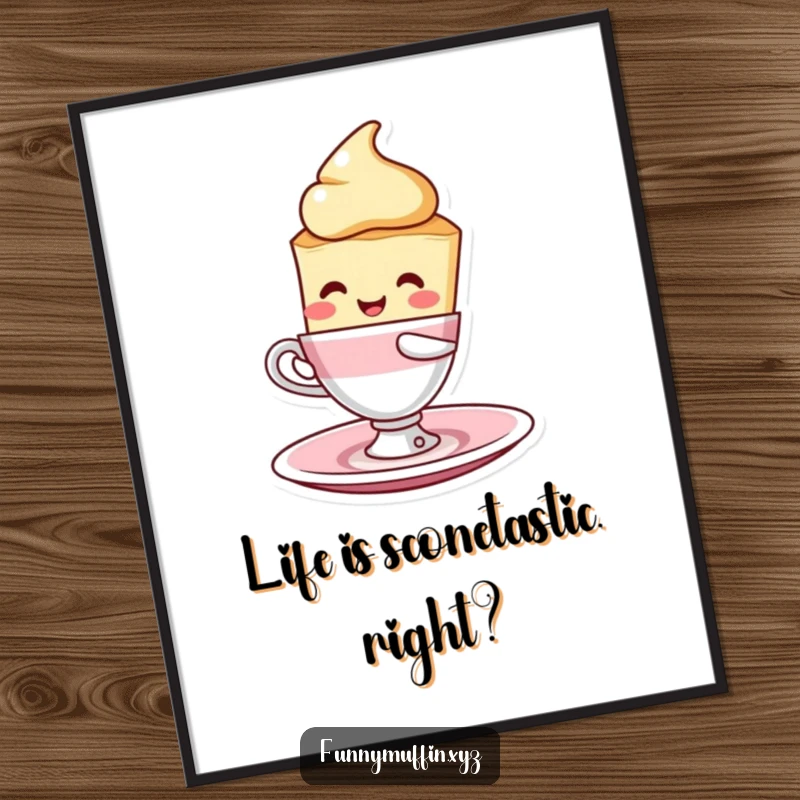 Funny Free Printable Wall Art: A jovial scone character humorously balancing a teacup and saucer, bringing quirky charm.