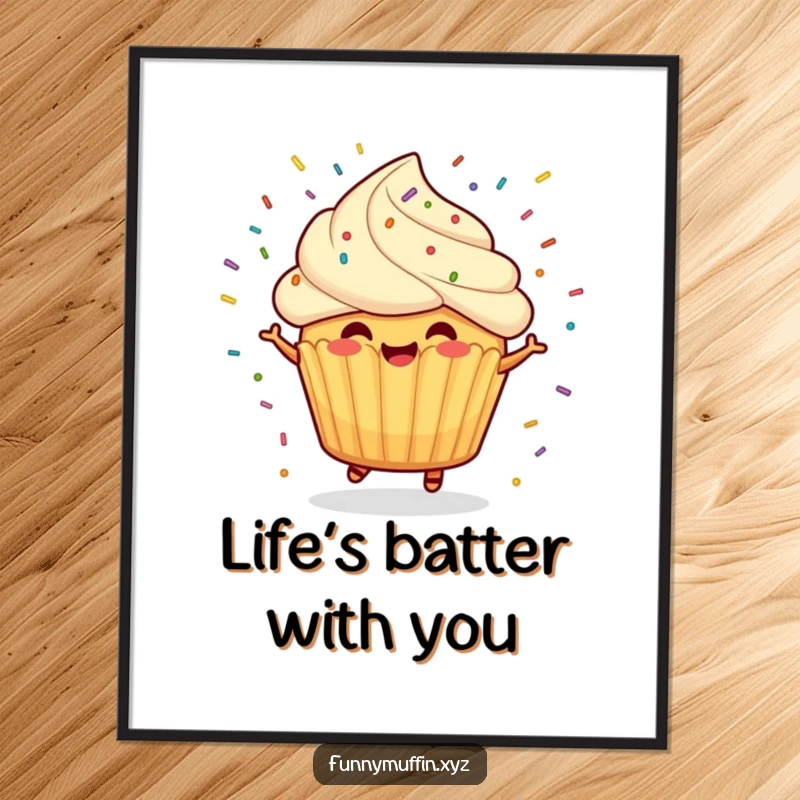 Funny Free Printable Wall Art: A cheerful muffin character spins excitedly with colorful sprinkles flying all around.