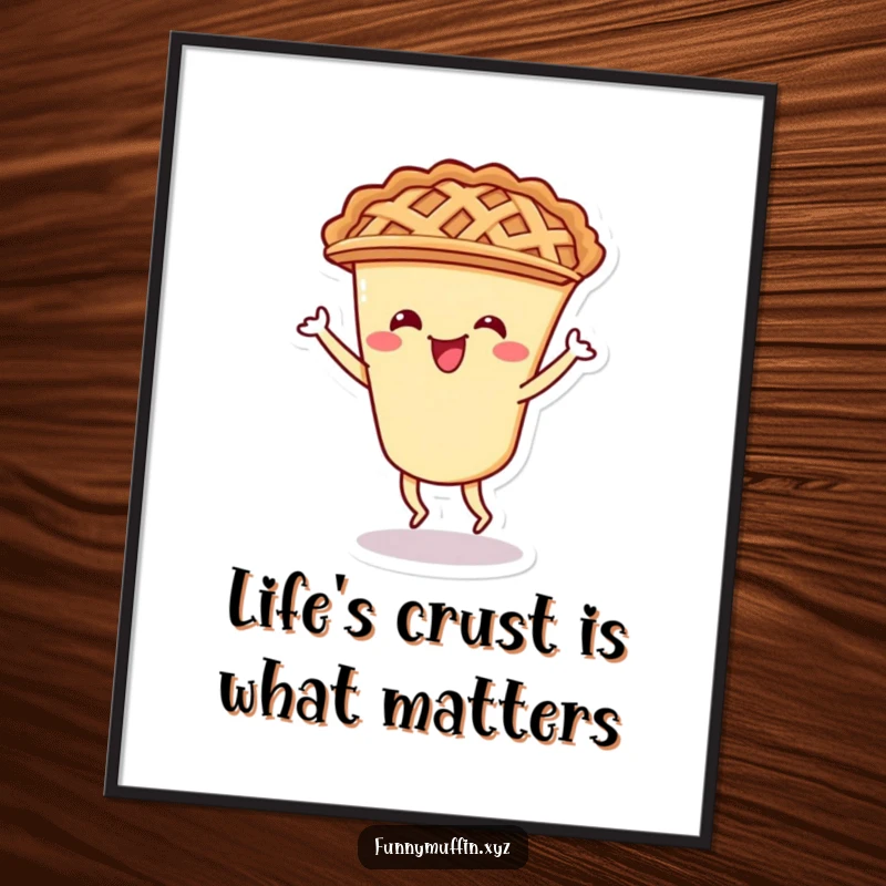 Funny Free Printable Wall Art of a cheerful pie character with a lattice crust doing a hilarious shimmy dance.