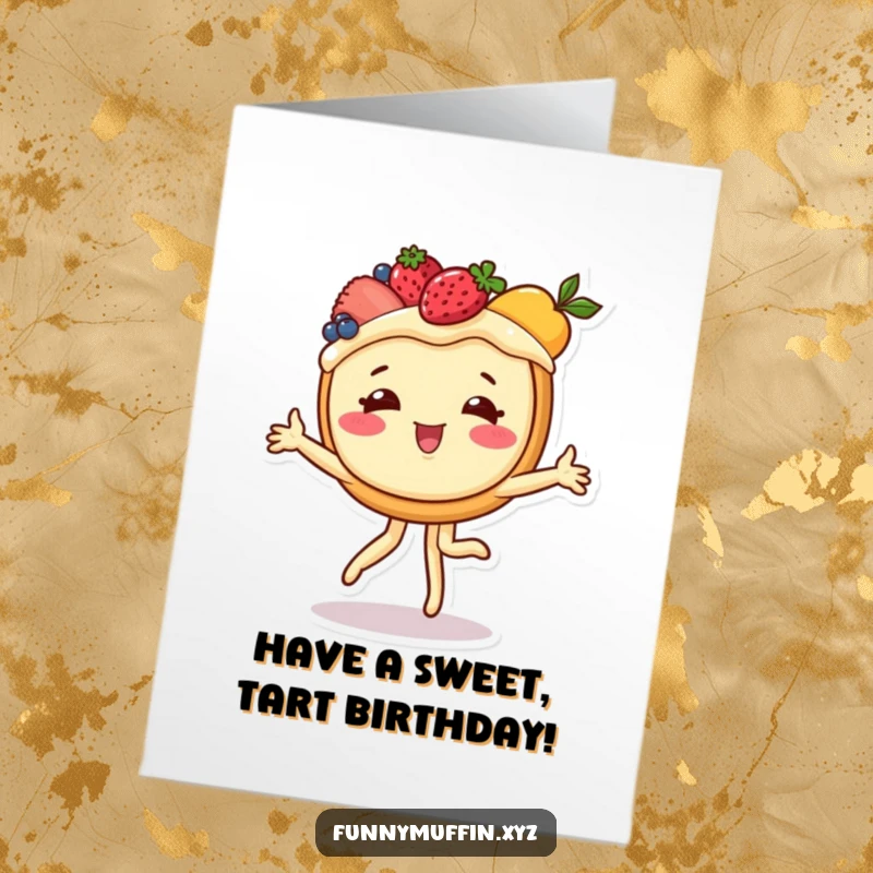 Funny Free Printable Birthday Card featuring a cheerful fruit tart doing a cartwheel with vibrant fruit toppings.