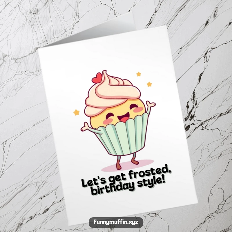 Funny Free Printable Birthday Card: A happy cupcake character with frosting flying off, joyfully dancing in celebration.