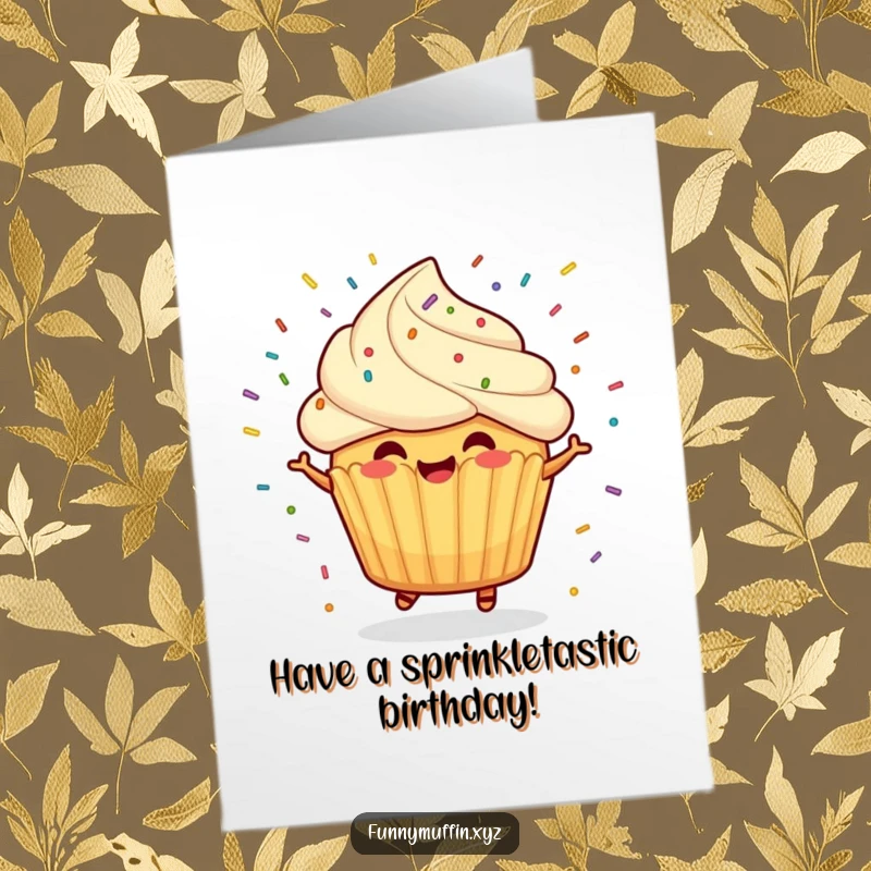 Funny Free Printable Birthday Card: A cheerful muffin character spins joyfully with colorful sprinkles flying everywhere.
